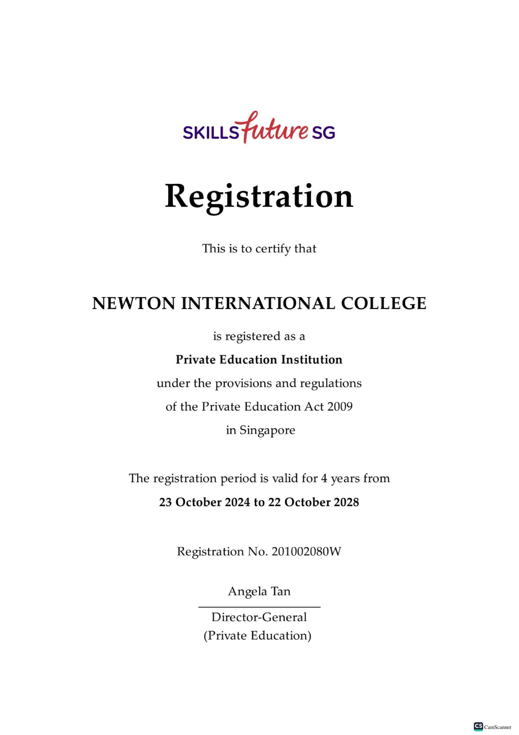 ERF licence certificate for Newton International College