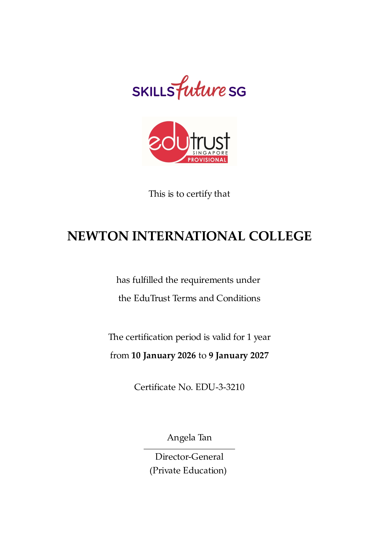 EduTrust Certificate for Newton International College