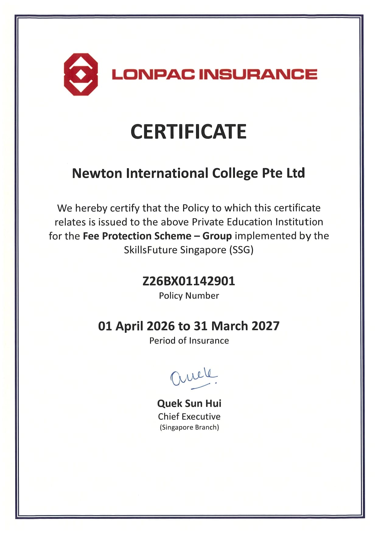 Fee Protection Scheme Certificate